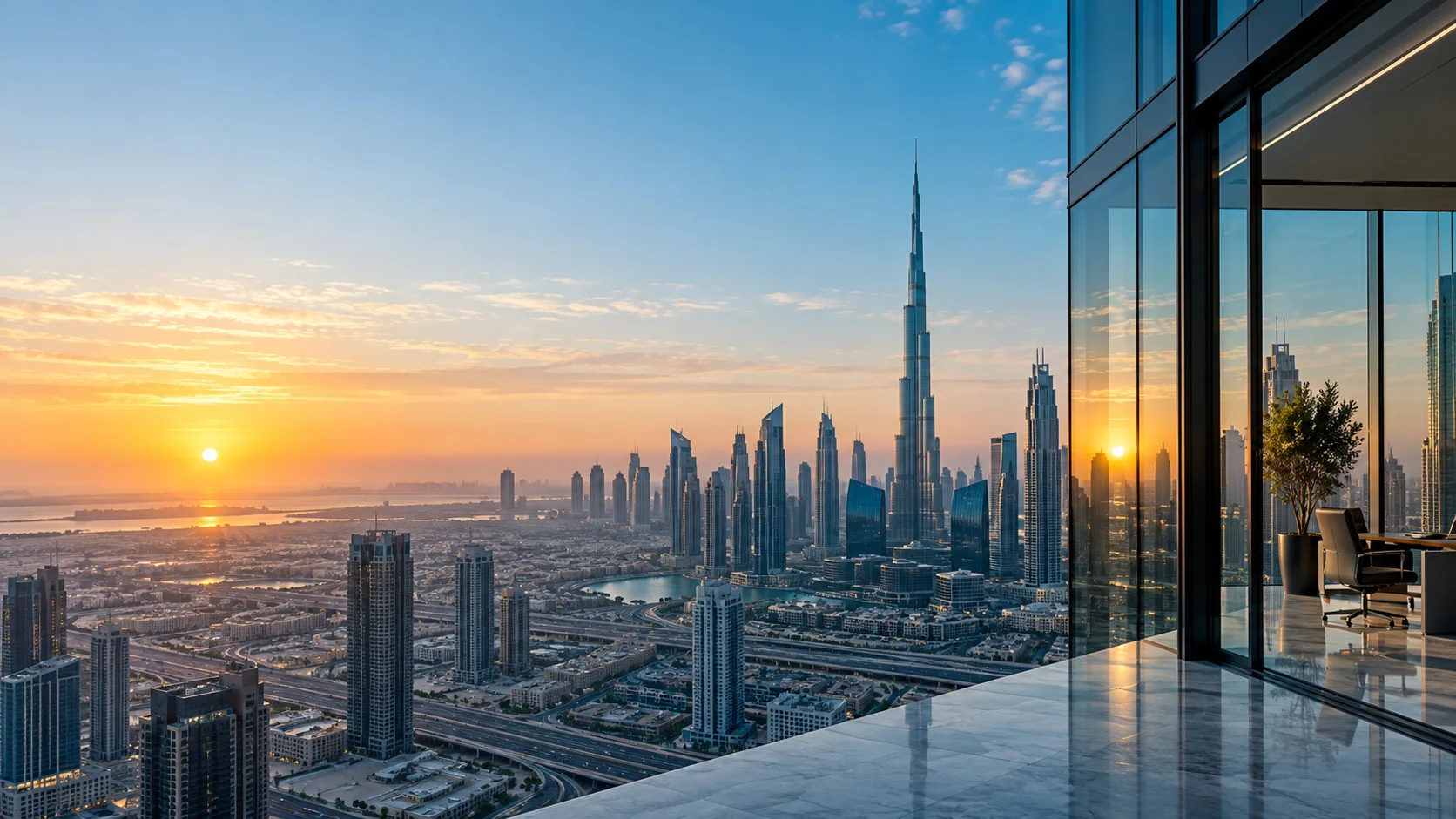 Dubai skyline at sunrise